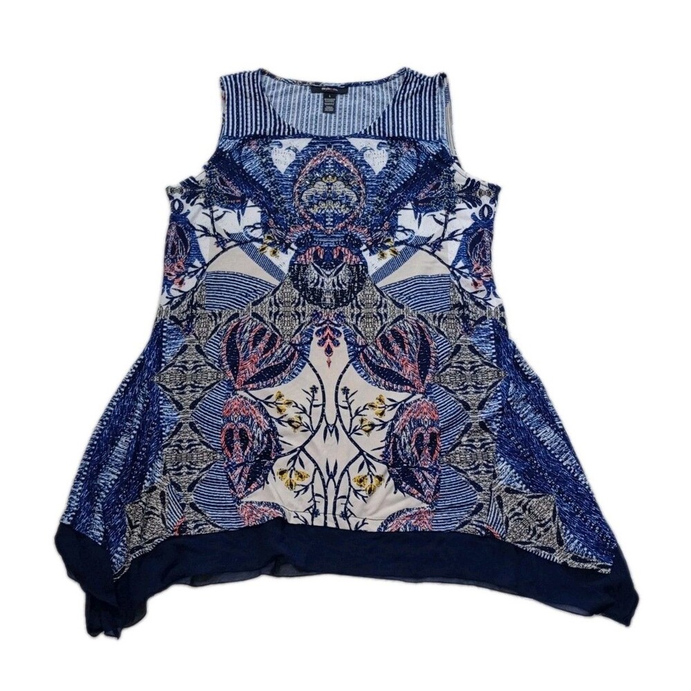 ​Style & Co Womens Large Tank Top Blue Floral Rhinestone Asymmetrical Layered NW